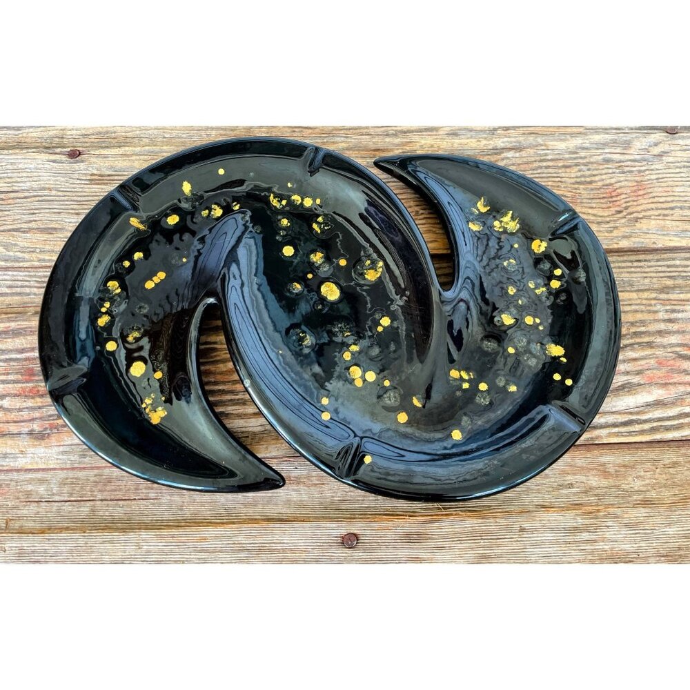 Vintage MCM Black/Gold Ceramic HUGE ashtray Boomerang Atomic 14x9" - Picture 9 of 13